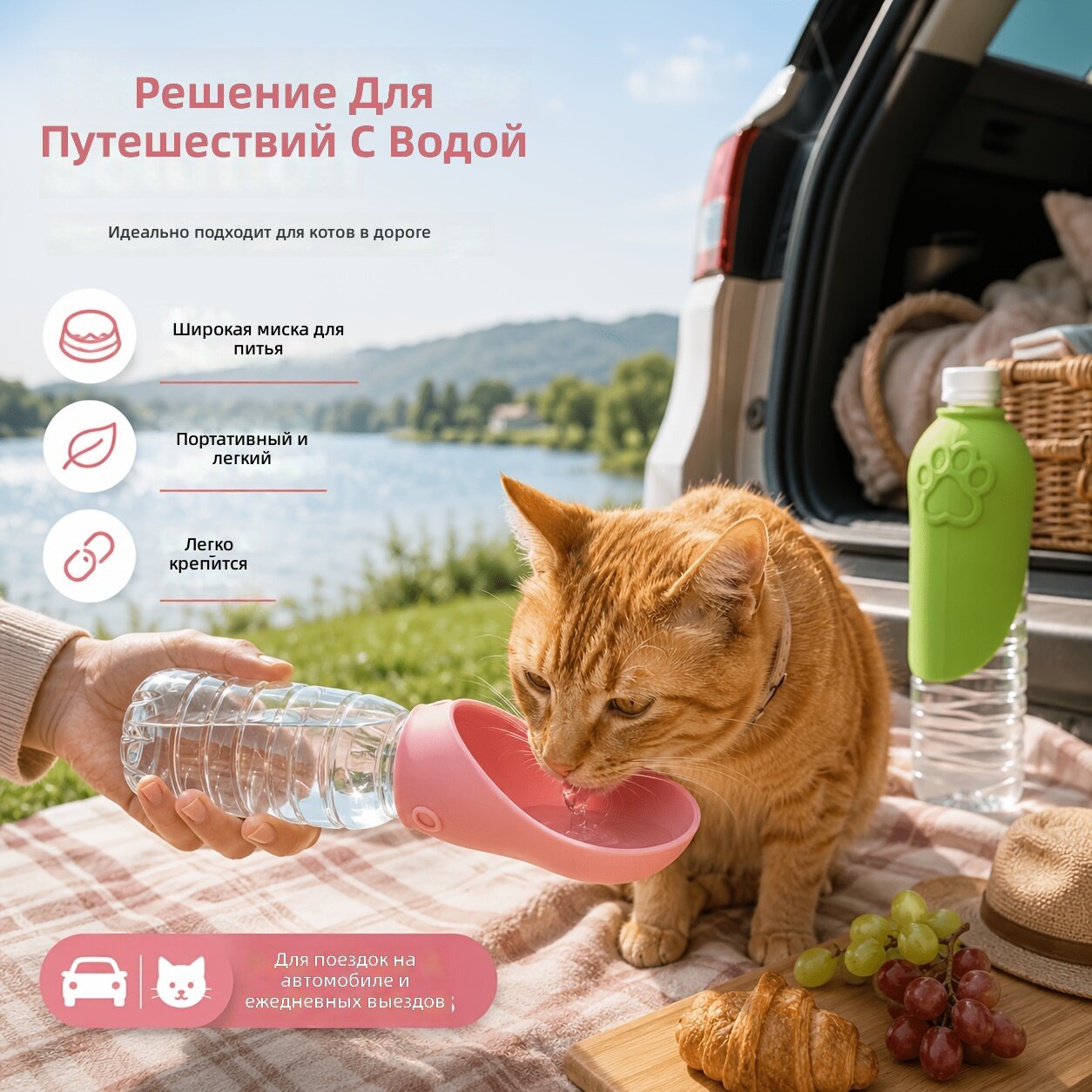 Переносная складная поилка для кошек и собак с герметичной силиконовой крышкой с рисунком лапы и широкой миской, аксессуар для бутылок с водой, красный, 1 шт.