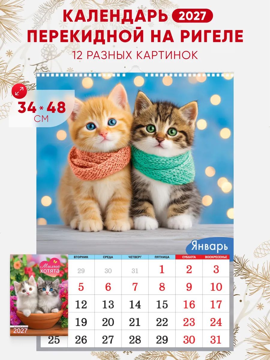 Большой календарь на ригеле 2027, 34*48см, Котята
