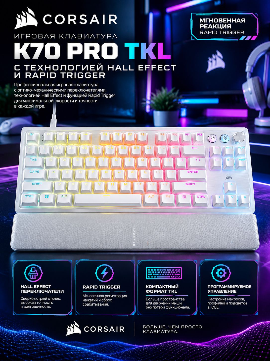 Игровая клавиатура K70 PRO TKL High-Performance Hall Effect Programmable Gaming Keyboard with Rapid Trigger - WHITE (PBT DOUBLE-SHOT KEYCAPS)
