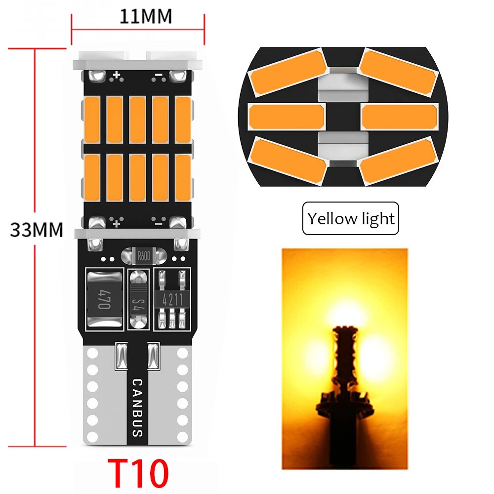 Светодиодные лампы T10 W5W для внутреннего освещения автомобиля, Сменные лампы Оранжевый, T10 Yellow