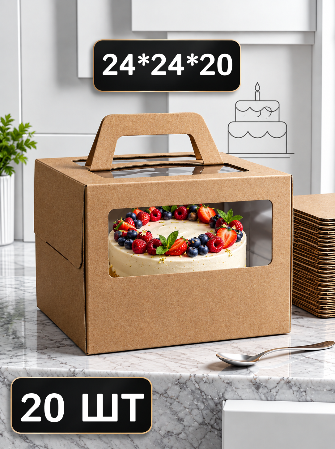 Коробка для торта крафтовая 24*24*20 20 шт