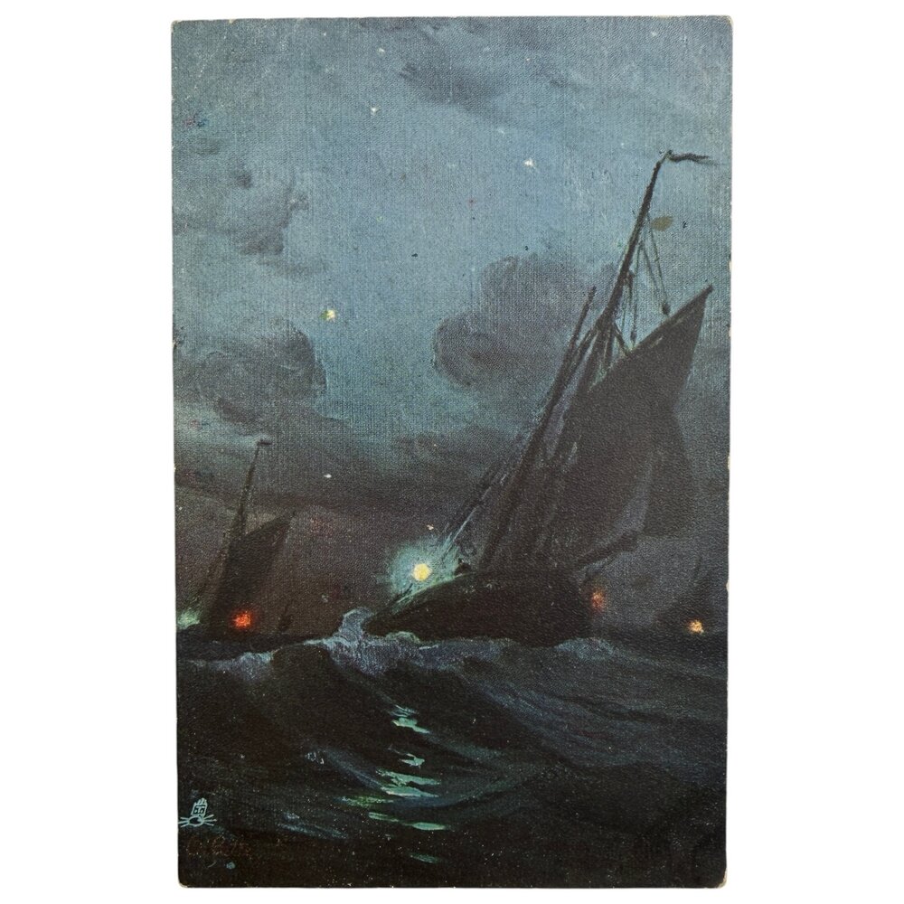 Почтовая открытка "Корабли в ночи" 1905-1915 гг. Raphael Tuck & Sons. Великобритания