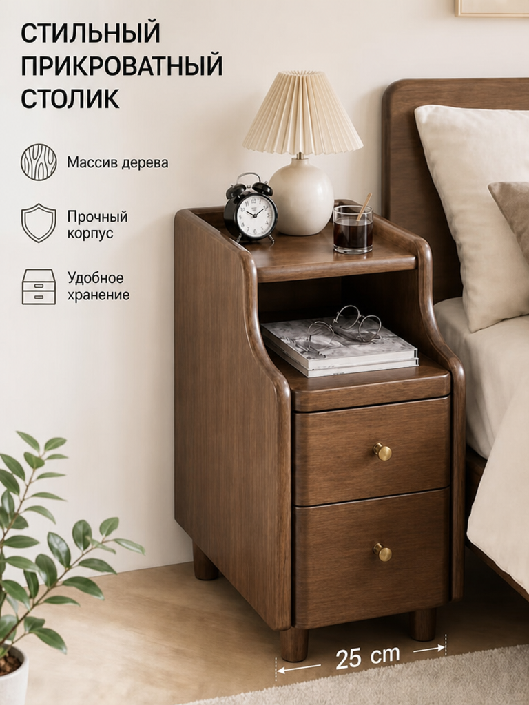 Тумба прикроватная из массива дерева, 25 см, орех, с двумя ящиками и полкой