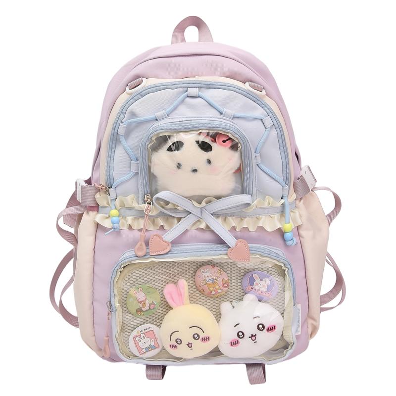 Школьный рюкзак Ита-бэг (Ita Bag) с прозрачным окном для значков — кавайный рюкзак с мягкими игрушками, фигурками и значками - Фиолетовый (кремовый и синий)