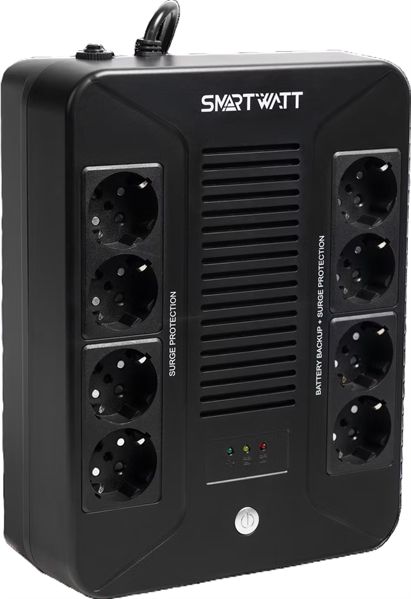 Источник бесперебойного питания SMARTWATT ИБП линейно-интерактивный, мощность 600/360 ВА/Вт, напольный/настенный, LED индикация, Shuko CEE7/4 - 8 шт. (4 шт. с резервным питанием, 4 шт. - сетевой фильтр), встроенные АКБ