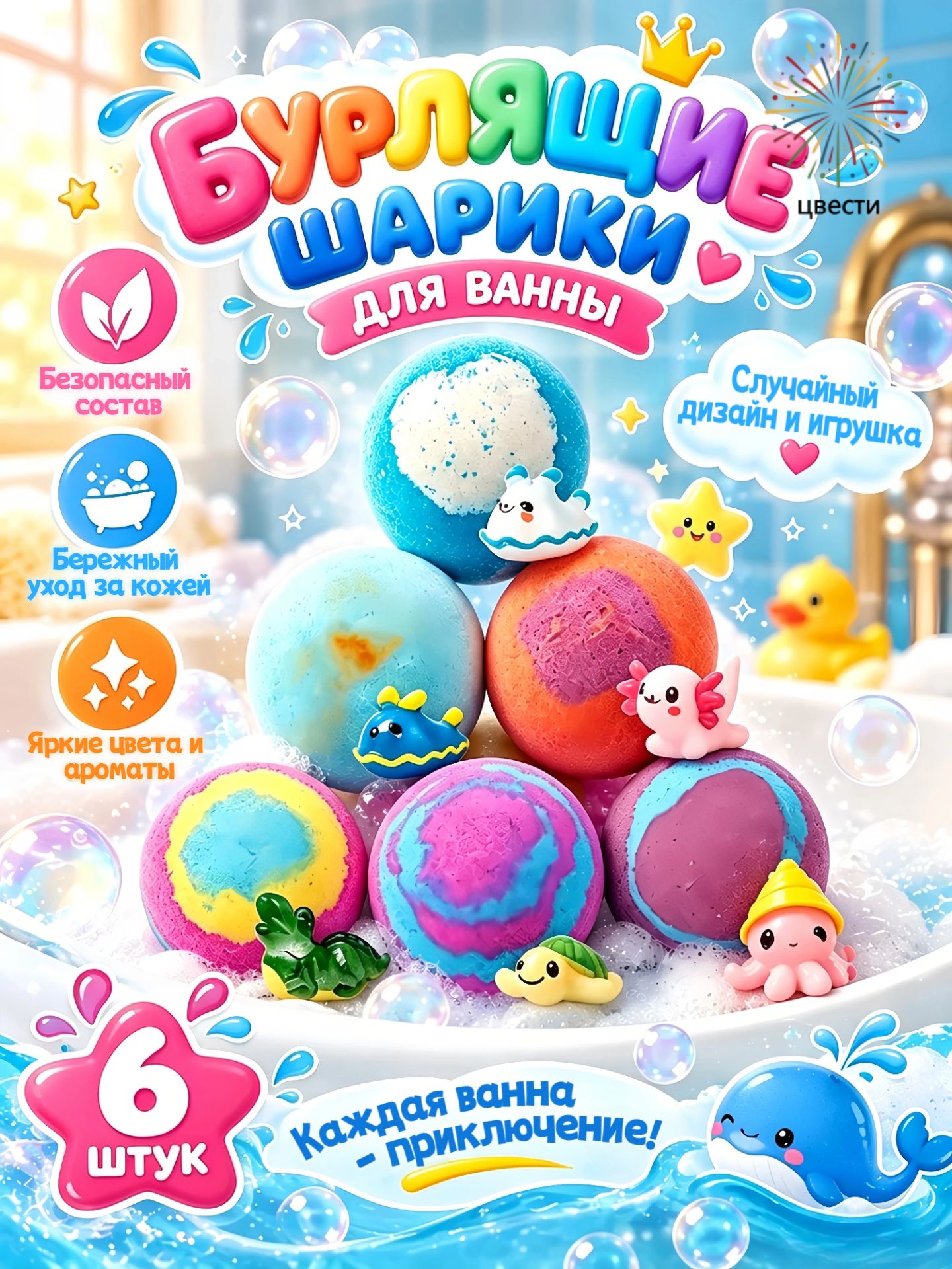 Бомбочки для ванны из морской соли , с игрушкой 6шт
