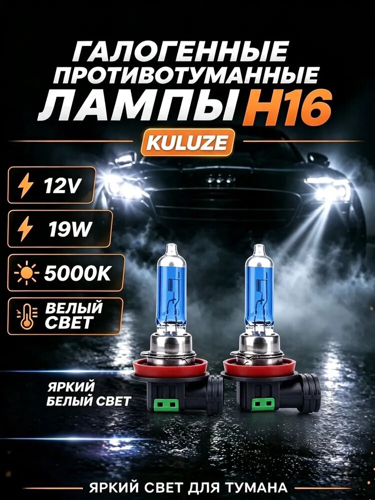 Лампа автомобильная H16, 2 шт. арт. Лампа галогенная автомобильная PGJ19-3 12V 19W 5000K белый свет дневного