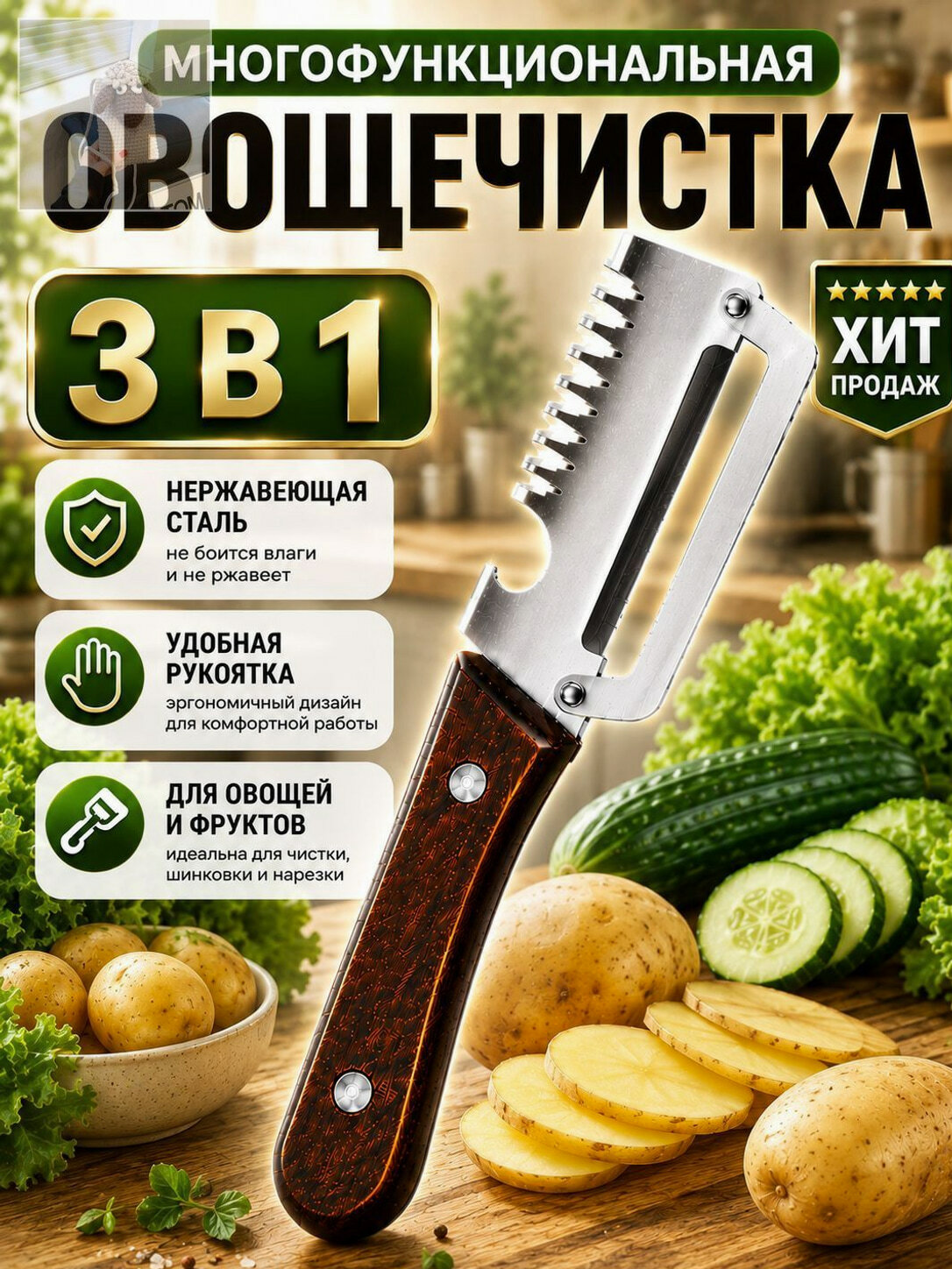 Овощечистка 3 в 1 для овощей и фруктов, нож слайсер, открывалка.