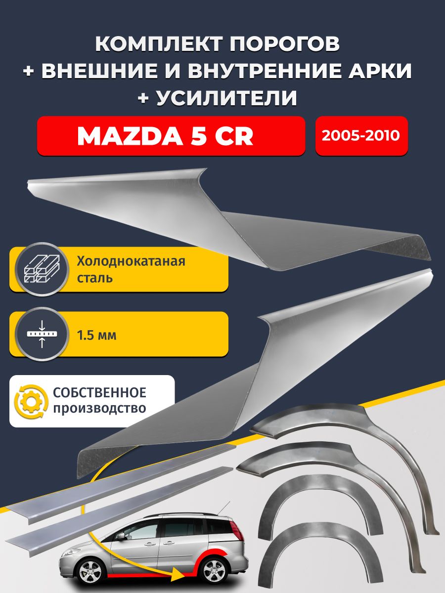 Комплект ремонтных задних внешних и внутренних арок (0,8 мм) + комплект порогов + усилители, на Mazda 5 CR 2005-2010 компактвэн (Мазда 5) Холоднокатаная сталь 1.5 мм