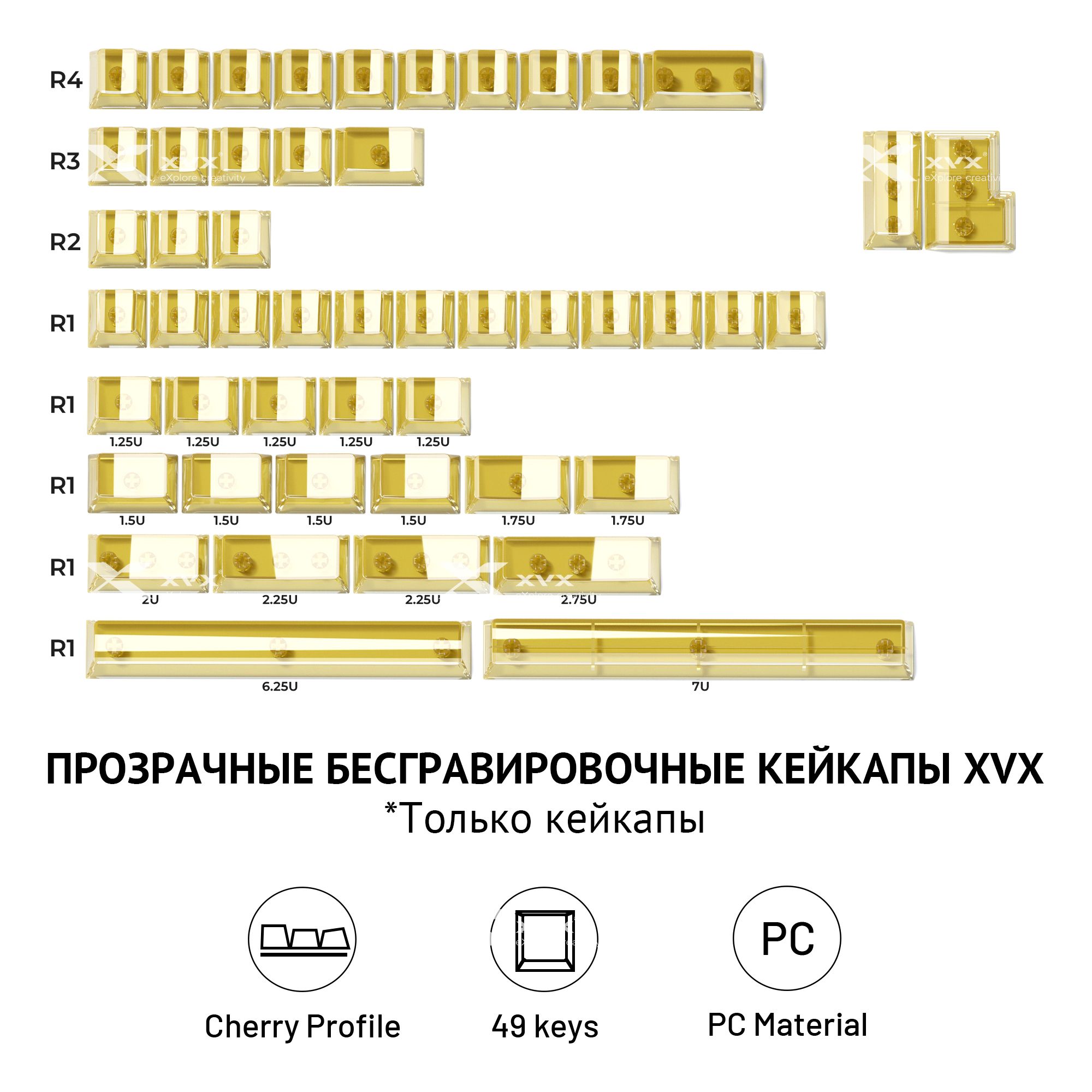 Кейкапы XVX Cherry PC прозрачные без надписей для механической клавиатуры, "Желтая модель"