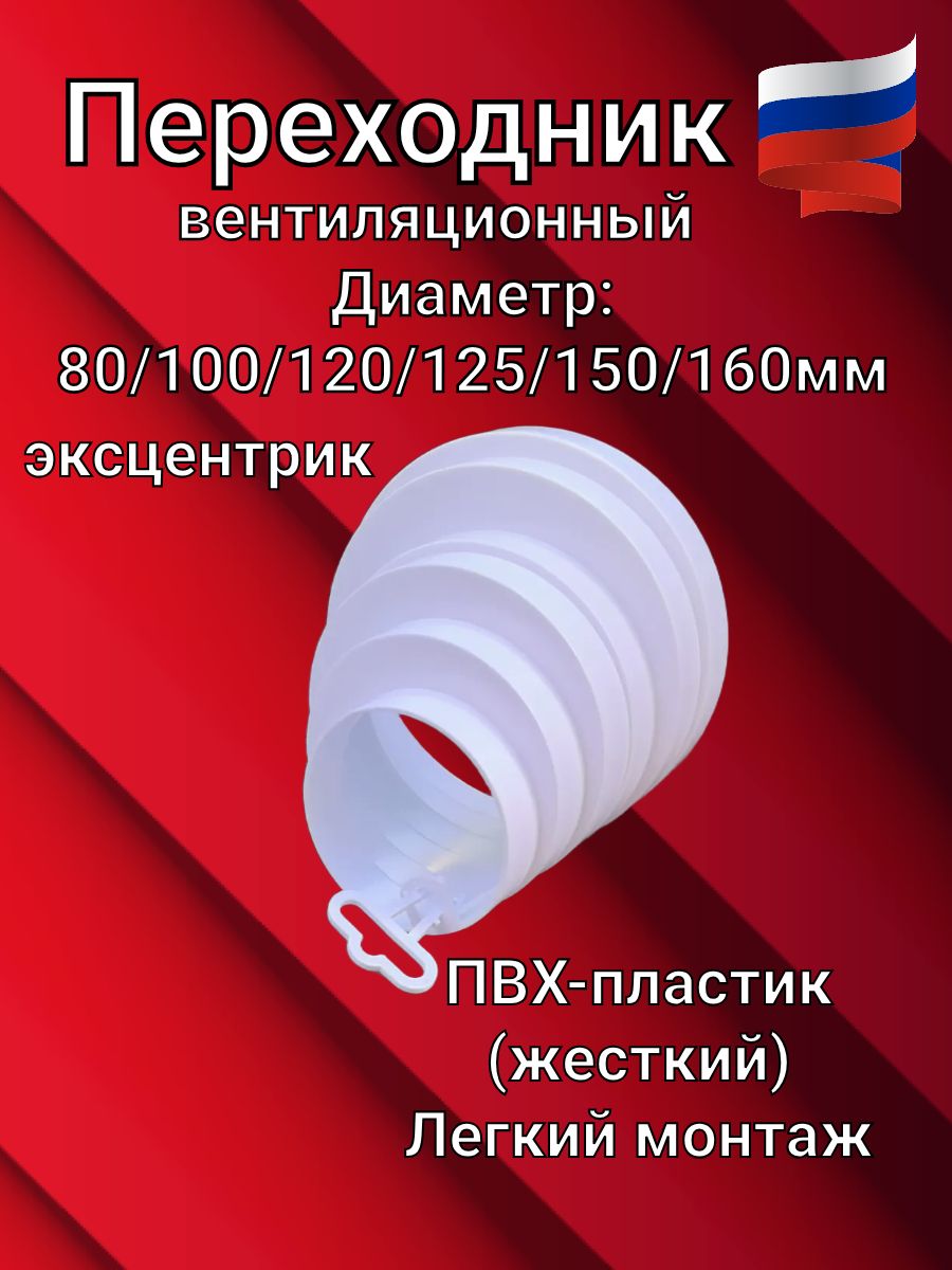 Универсальный переходник эксцентриковый d80/d100/d120/d125/d150мм для круглых пластиковых воздуховодов белый ПВХ