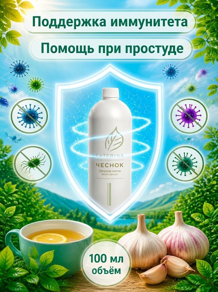 Эфирное масло чеснока (чесночное масло) натуральное 100 мл для бани, ароматерапии, поддержки иммунитета