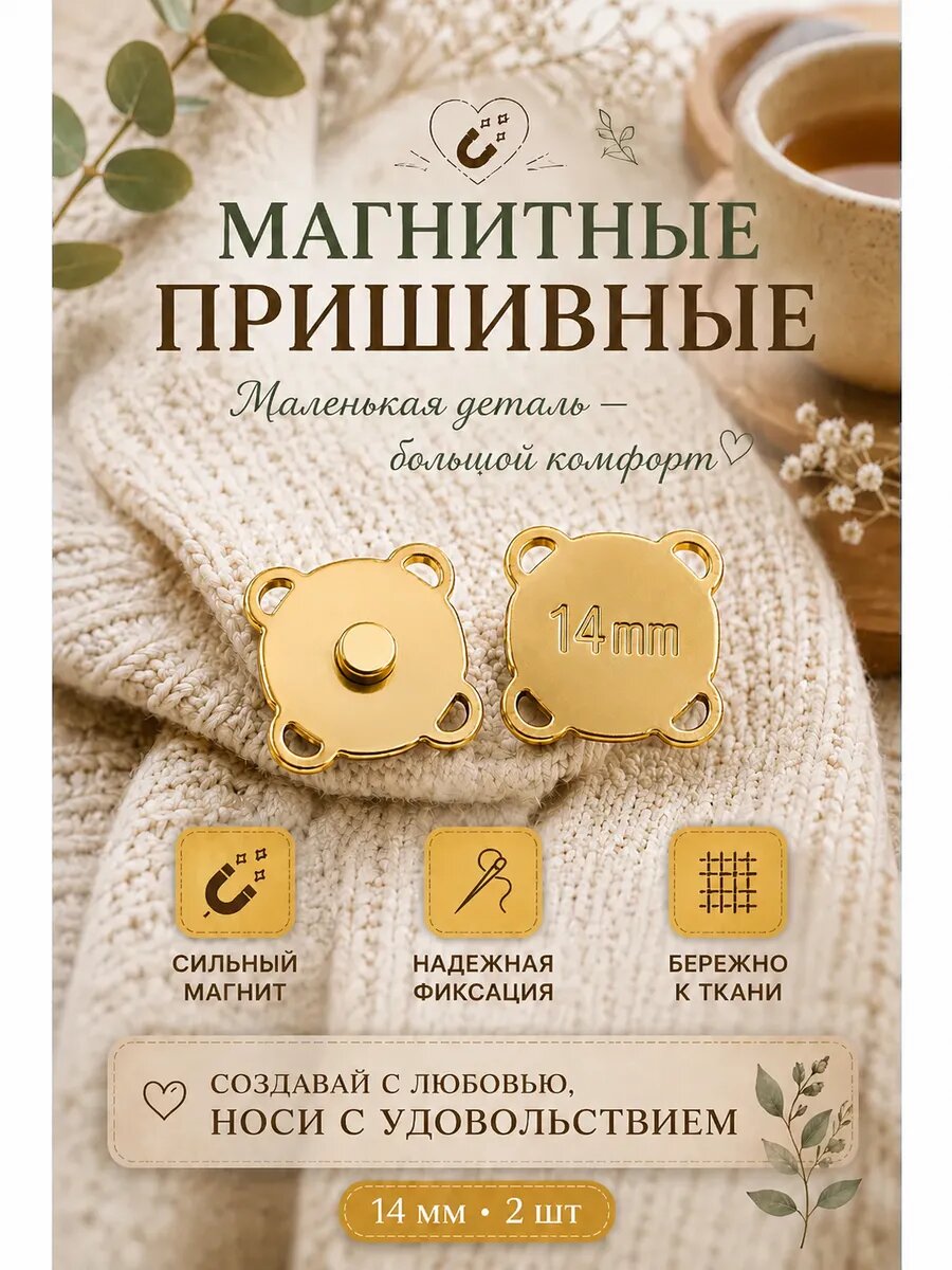 Пришивные магнитные кнопки 2 пары 14 мм золото