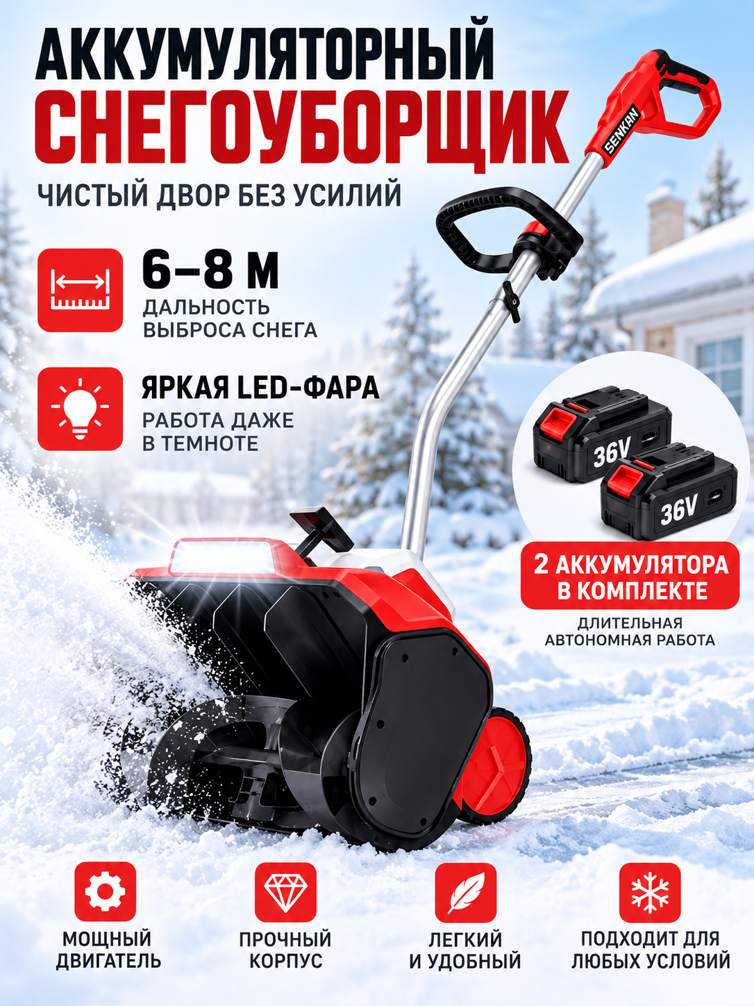 Снегоуборщик аккумуляторный 36V 17 дюймов, 2 аккумулятора 4.5Ач, зарядка, ширина 43см, выброс 8м, фара led, легкий