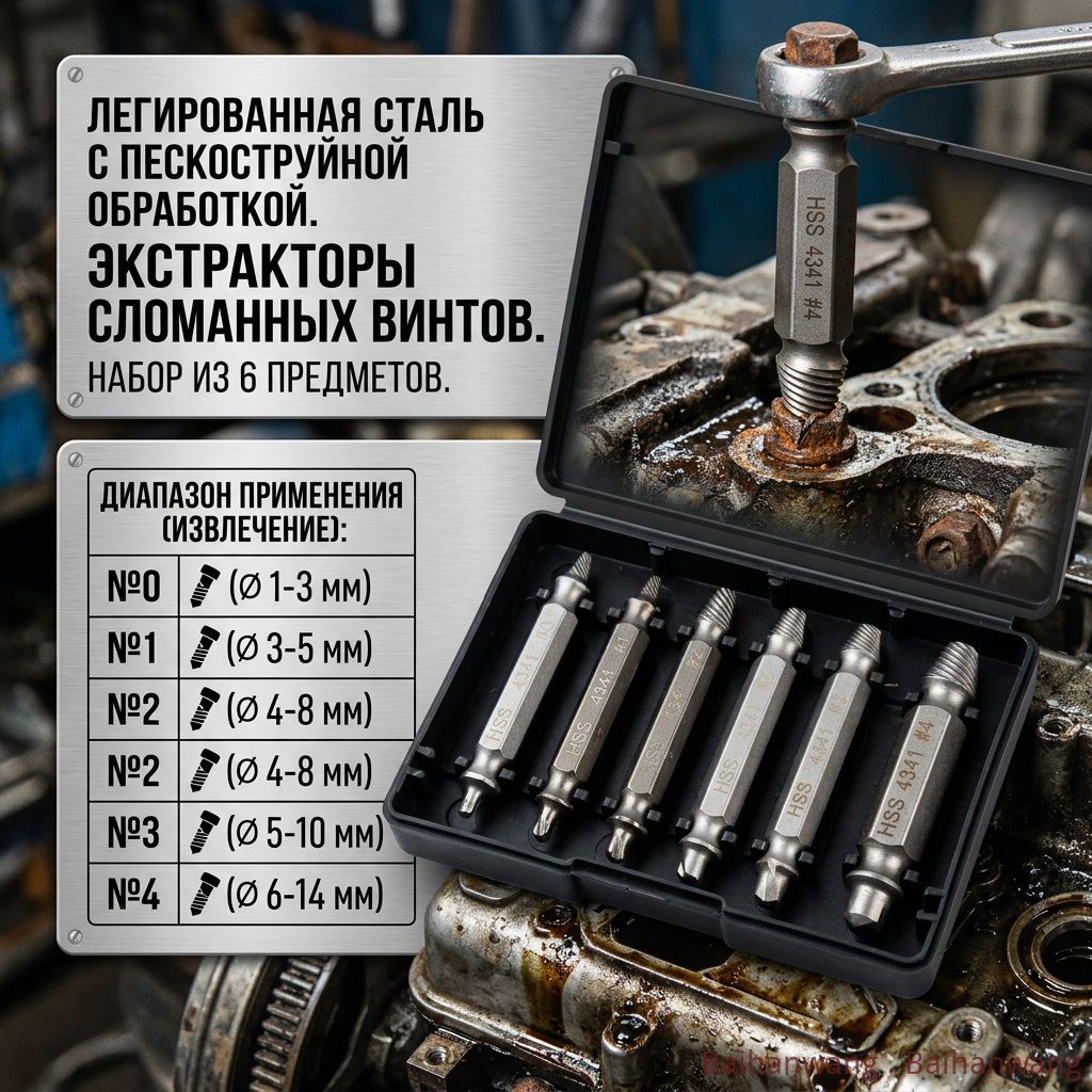 Экстрактор для болтов и сорванных саморезов (вывертыши), легированная сталь, набор 6 шт, хвостовик 6.3 мм, длина 50 мм