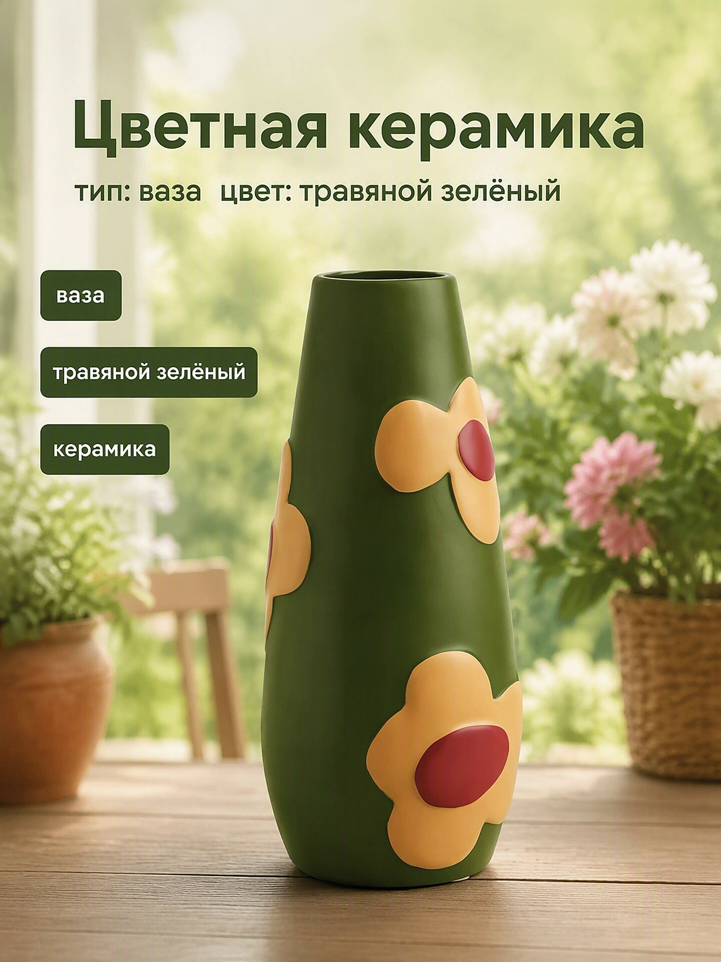 Ваза "Цветная керамика, ручная роспись", 25.5 см , Керамика, 1 шт