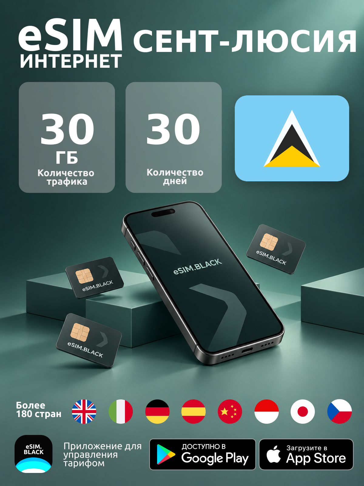 Сент-Люсия/30 дней/30 ГБ - eSIM для мобильного интернета ( iPhone | Android ).