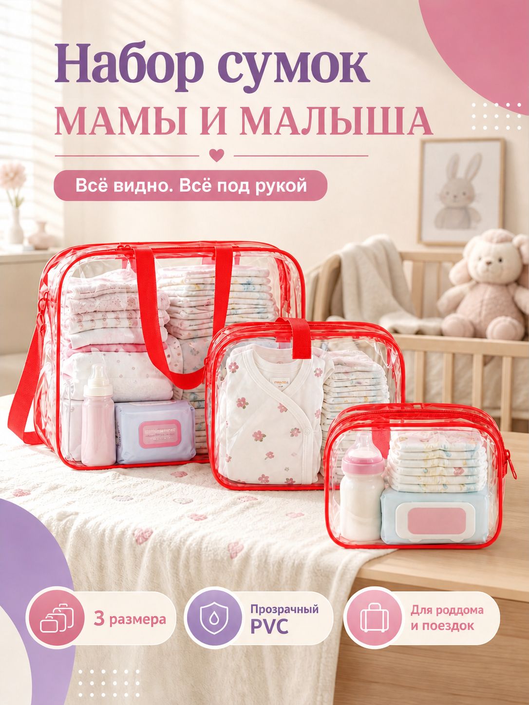 Готовая сумка в роддом для мамы и малыша, прозрачный набор , 3 сумки