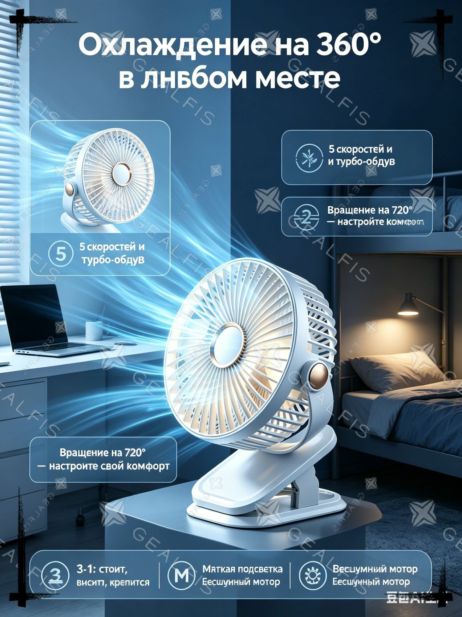 Портативный вентилятор 1 x портативный на прищепке с LED-подсветкой, 1 x кабель для быстрой зарядки USB, 1 x руководство пользователя для настольного вентилятора, белый