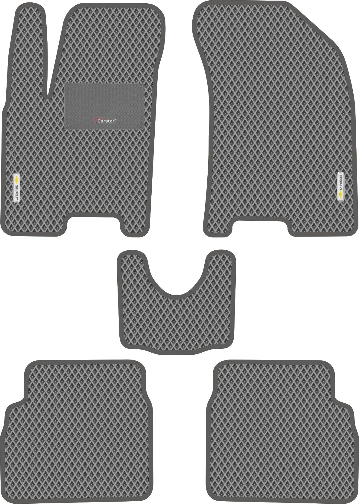 Автомобильные коврики EVA для Chevrolet Aveo I (2003-2012), с каучуковым подпятником и 2 эмблемами Chevrolet, серые с серым кантом, ячейка - ромб