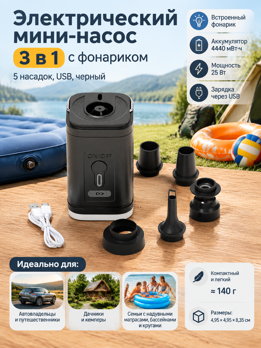 Электрический мини-насос 3 в 1 аккумуляторный с фонариком, 5 насадок, USB, черный, 25 Вт