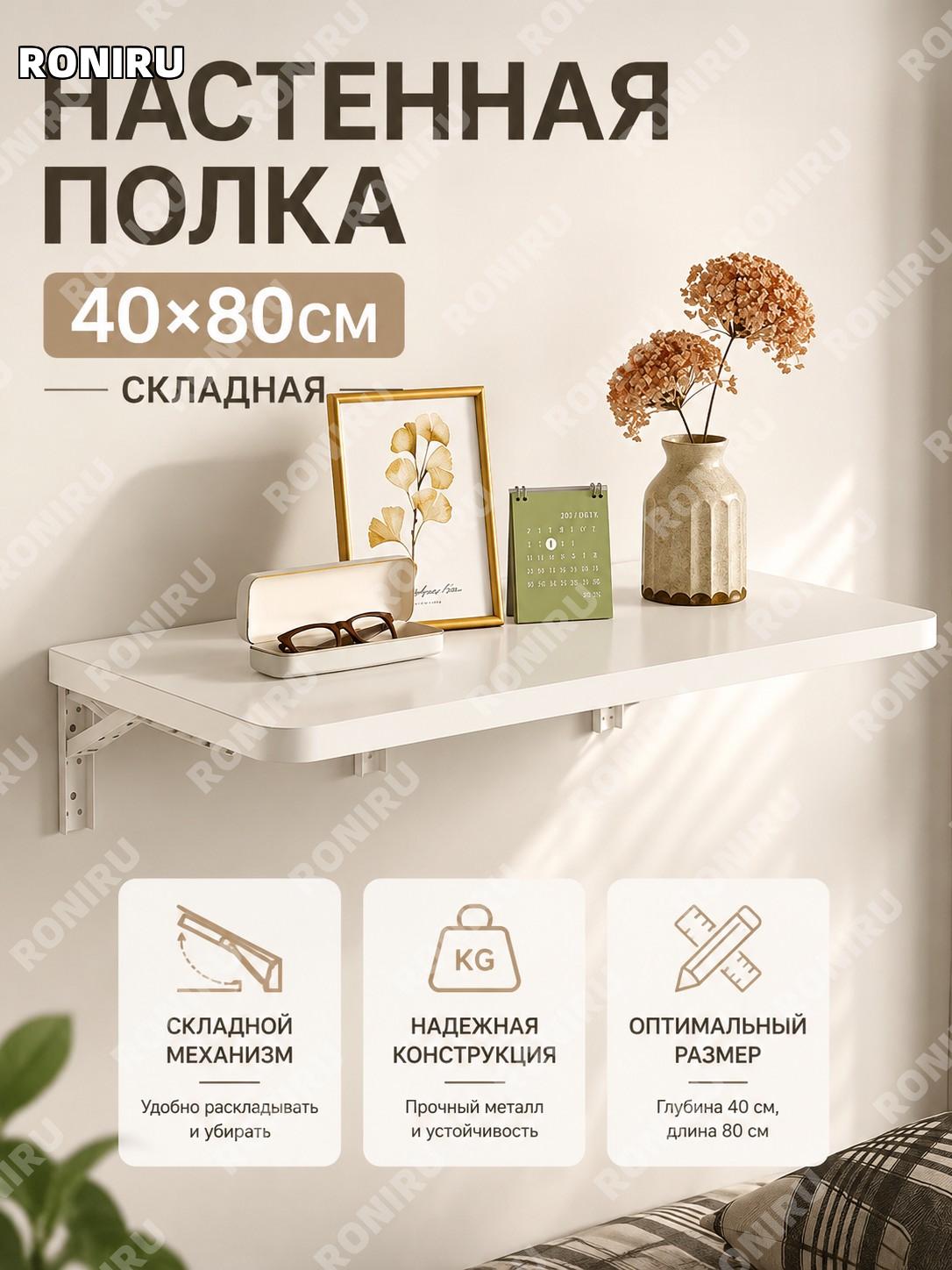 Настенная полка белая 40×80 см складная металлическая, настенный органайзер, полка-витрина для хранения и декора
