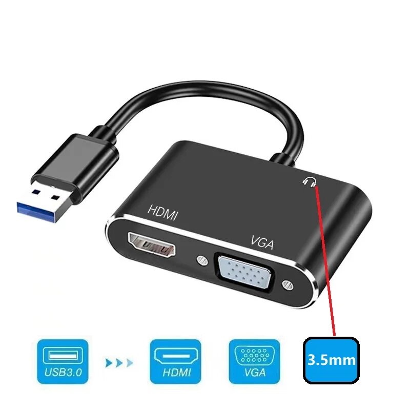 USB 3.0 HDMI VGA адаптер с 3.5mm