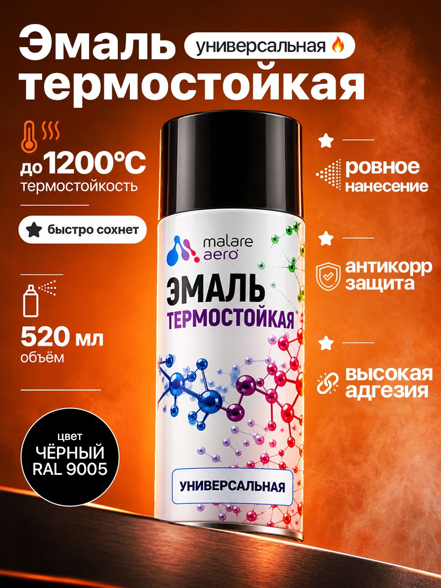 Термостойкая краска Malare универсальная для металла, мангалов, суппортов, печей, матовая, черная, 520 мл.