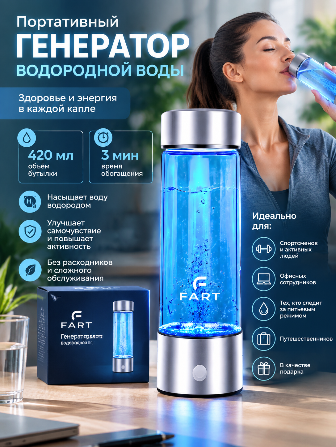 Генератор водородной воды портативный (водородник) 450 мл, серебристый, насыщение за 3 мин