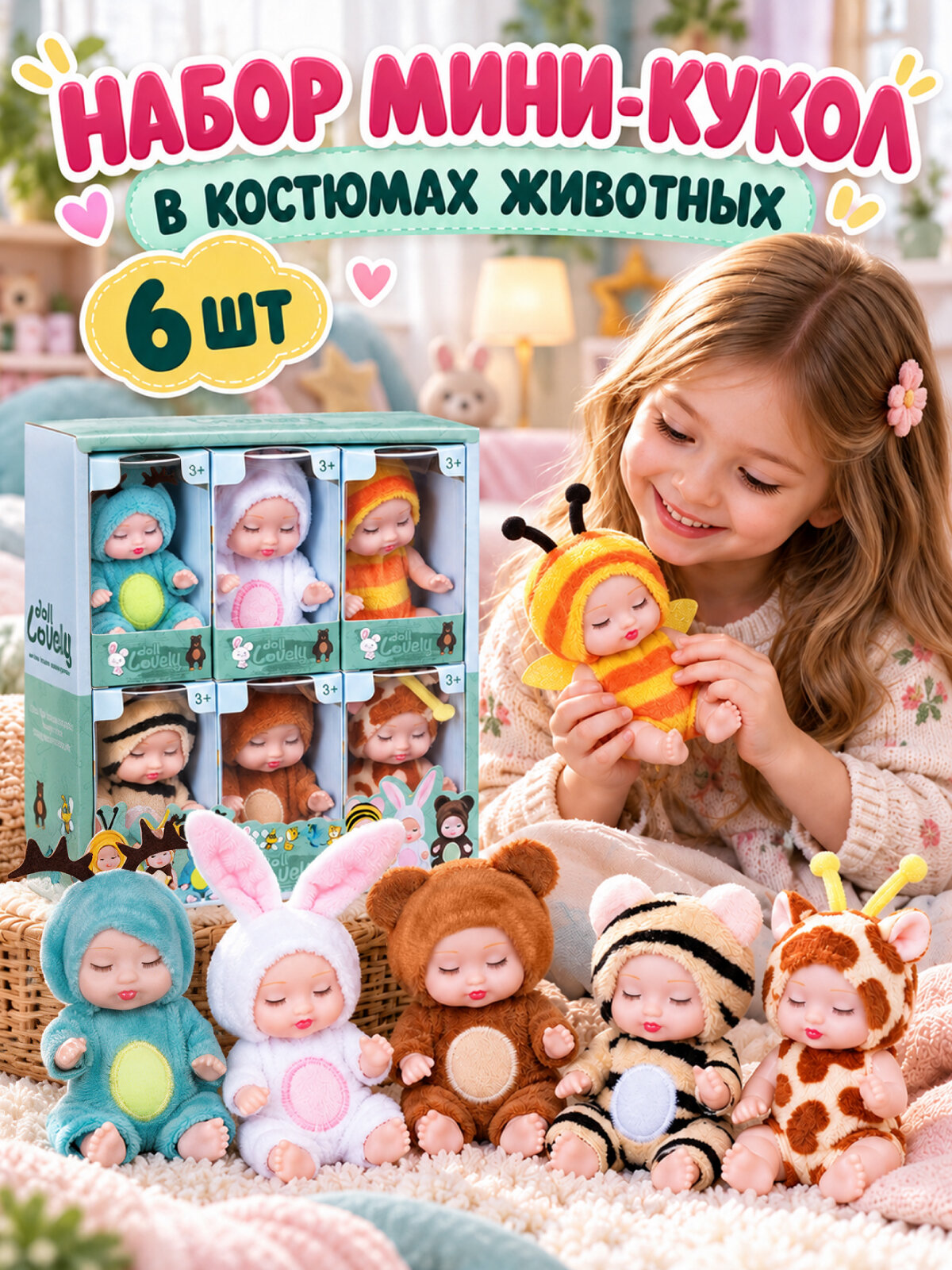 Игровой набор мини-кукол в костюмах животных, пупсы, куколки-малышки 6 шт, для игры в дочки-матери, JB0215014