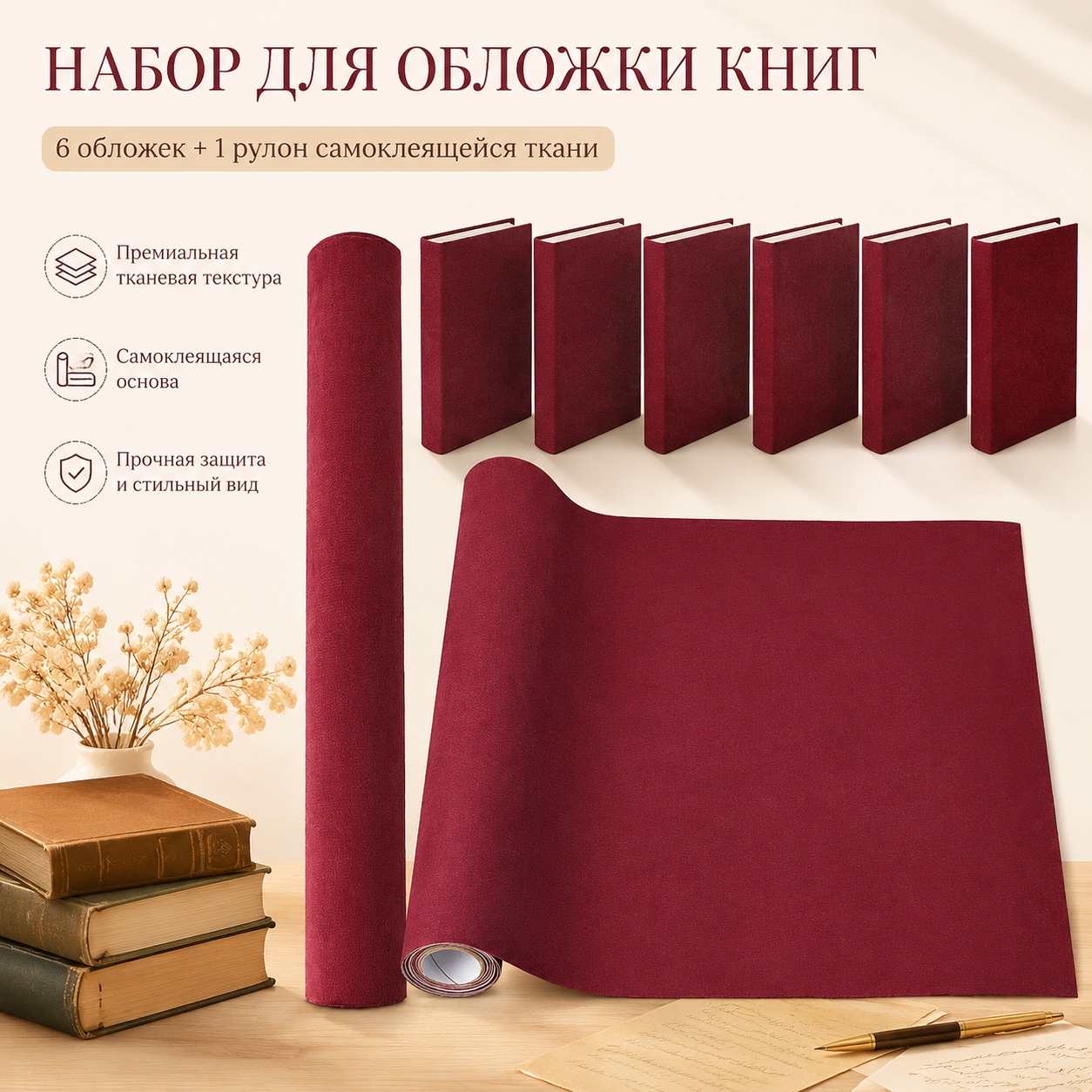 1 рулон бархатных обложек для книг Камелия 1300x305x0,6 мм