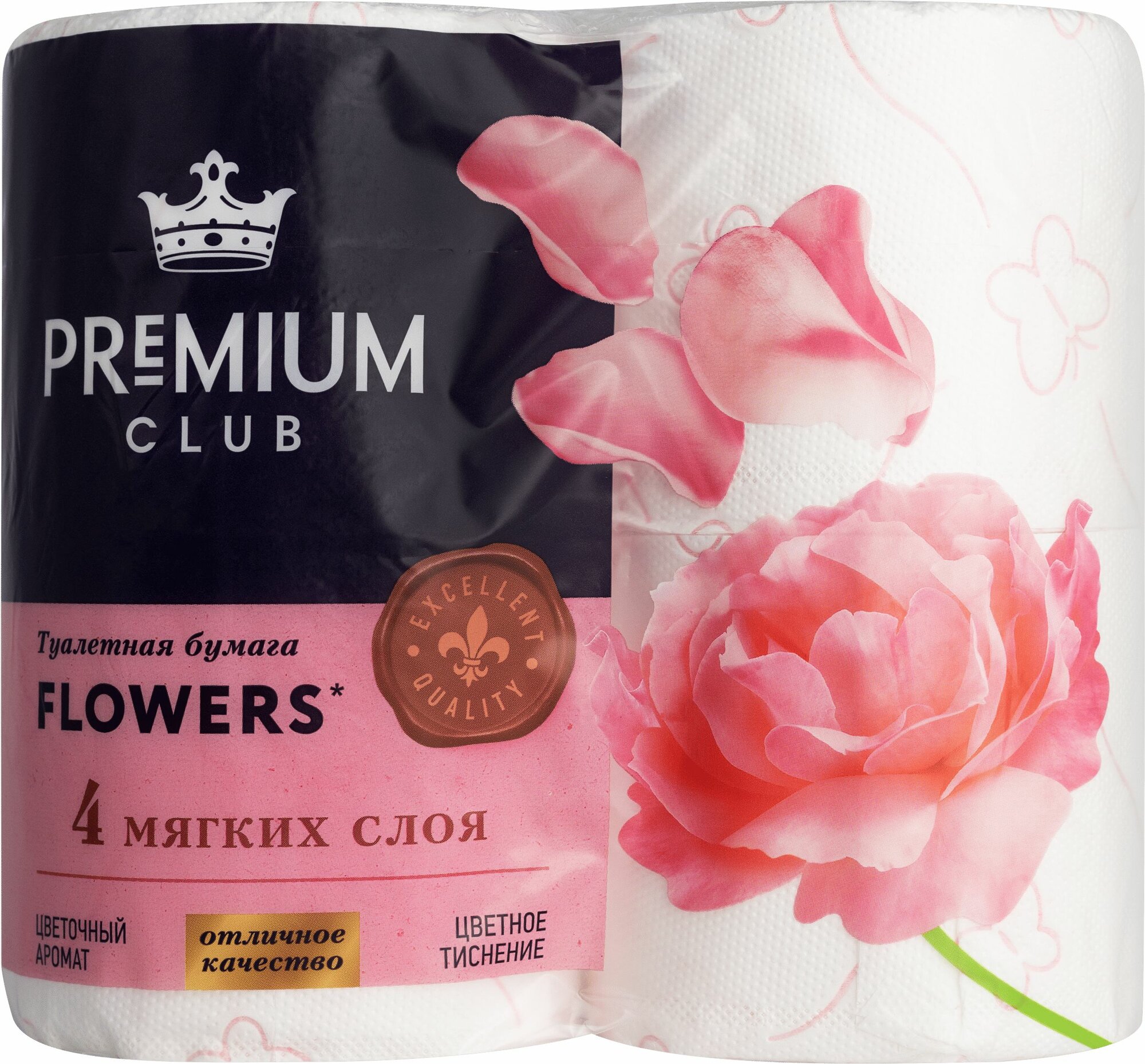Бумага туалетная PREMIUM CLUB Flowers арома 4-слоя, 4шт