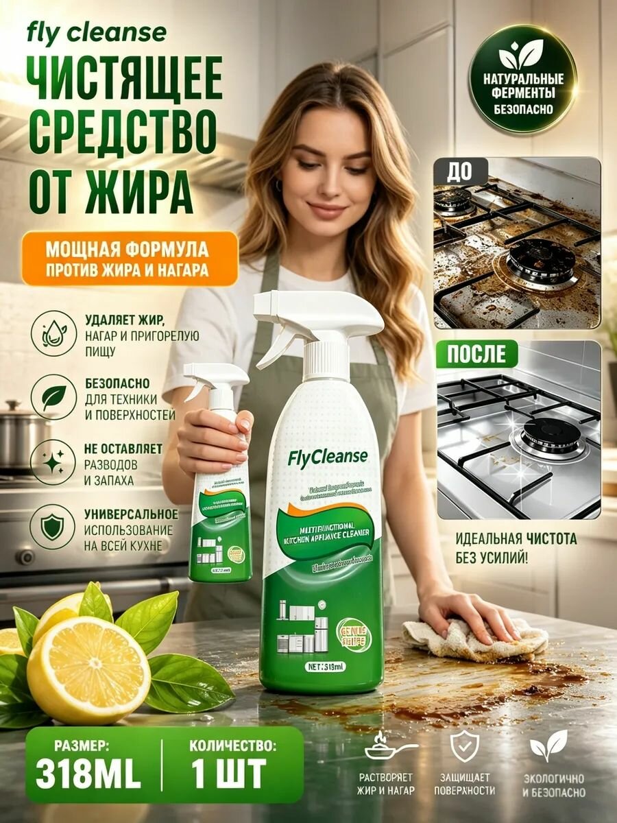 Антижир Чистящее средство Для Кухни fly , Спрей очиститель, 318 мл, жироудалитель удаление жира обезжиривающий спрей кухонный очиститель