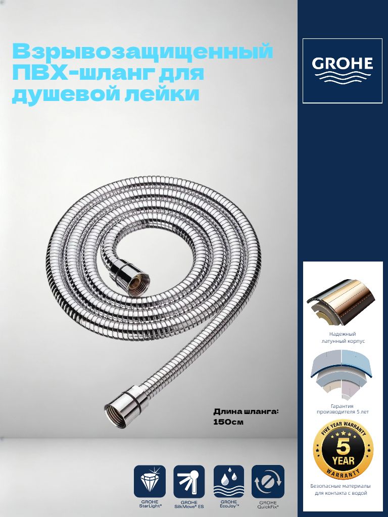 GROHE Усиленный душевой шланг длиной 150 см с медной гайкой, хром