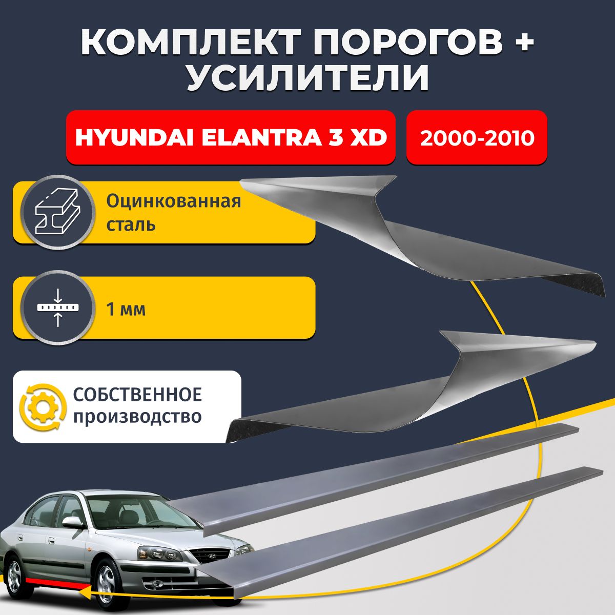 Ремонтные пороги комплект (2 шт.) и усилители (2 шт.), для Hyundai Elantra 3 XD 2000-2010г, оцинкованная сталь 1 мм. (Хендай Элантра ХД), пороги и усилители. Кузовной ремонт.