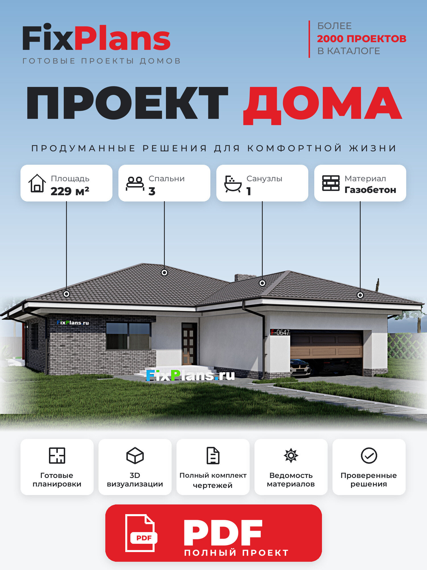 Проект дома FIXPLANS. Одноэтажный. Площадь 224 м2 F - 0647 Размер 20.56 х 15.58