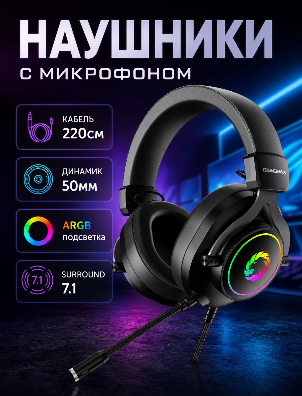 Гарнитура GAMEMAX HG3600 (7.1 surround, Микрофон, USB, Регулятор громкости, ARGB подсветка)