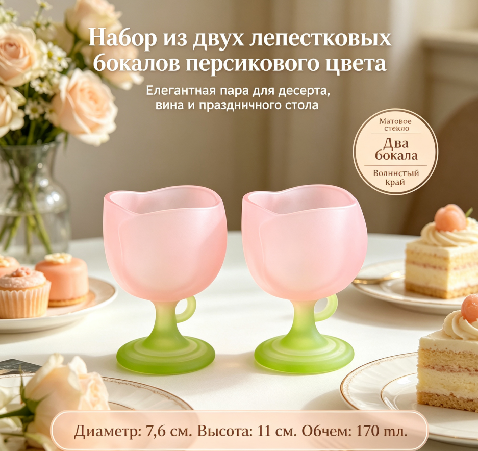 Матовые бокалы в форме тюльпана с градиентом, бокалы для десертов и сока с фигурным краем, декор , комплект из 2 штук
