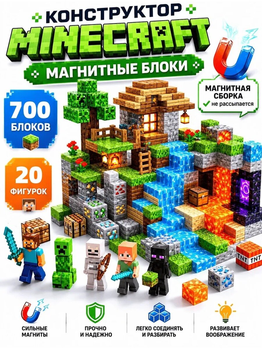 Магнитный конструктор Майнкрафт: 700 кубиков и 20 фигурок, для детей от 3 лет