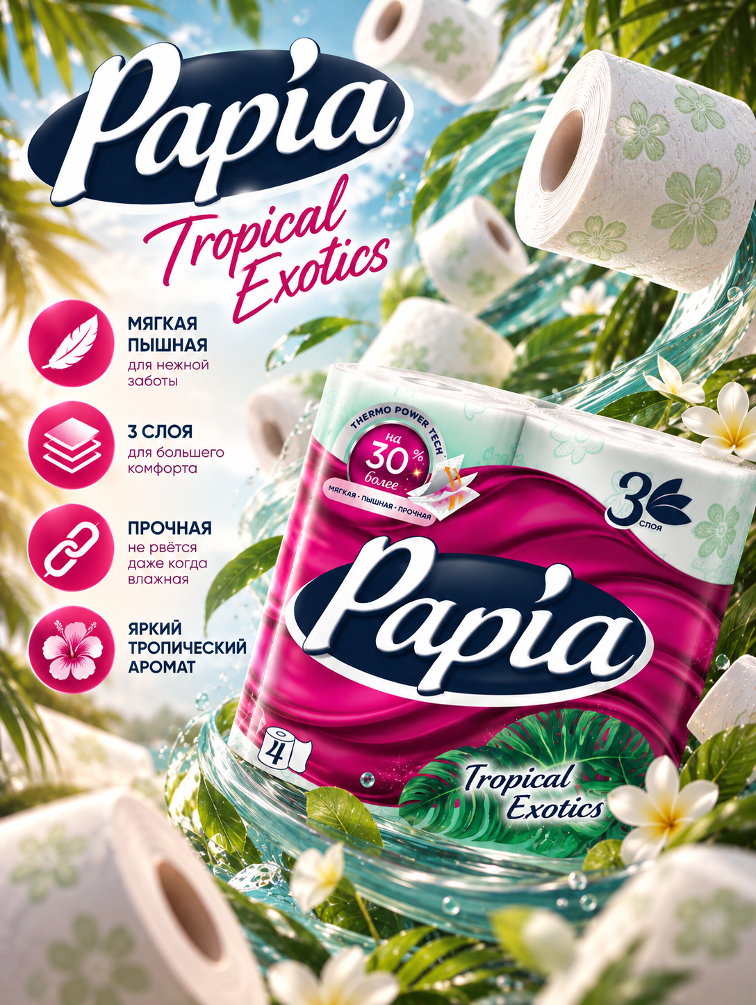 Туалетная бумага Papia трехслойная Тропическая экзотика 4 рулона