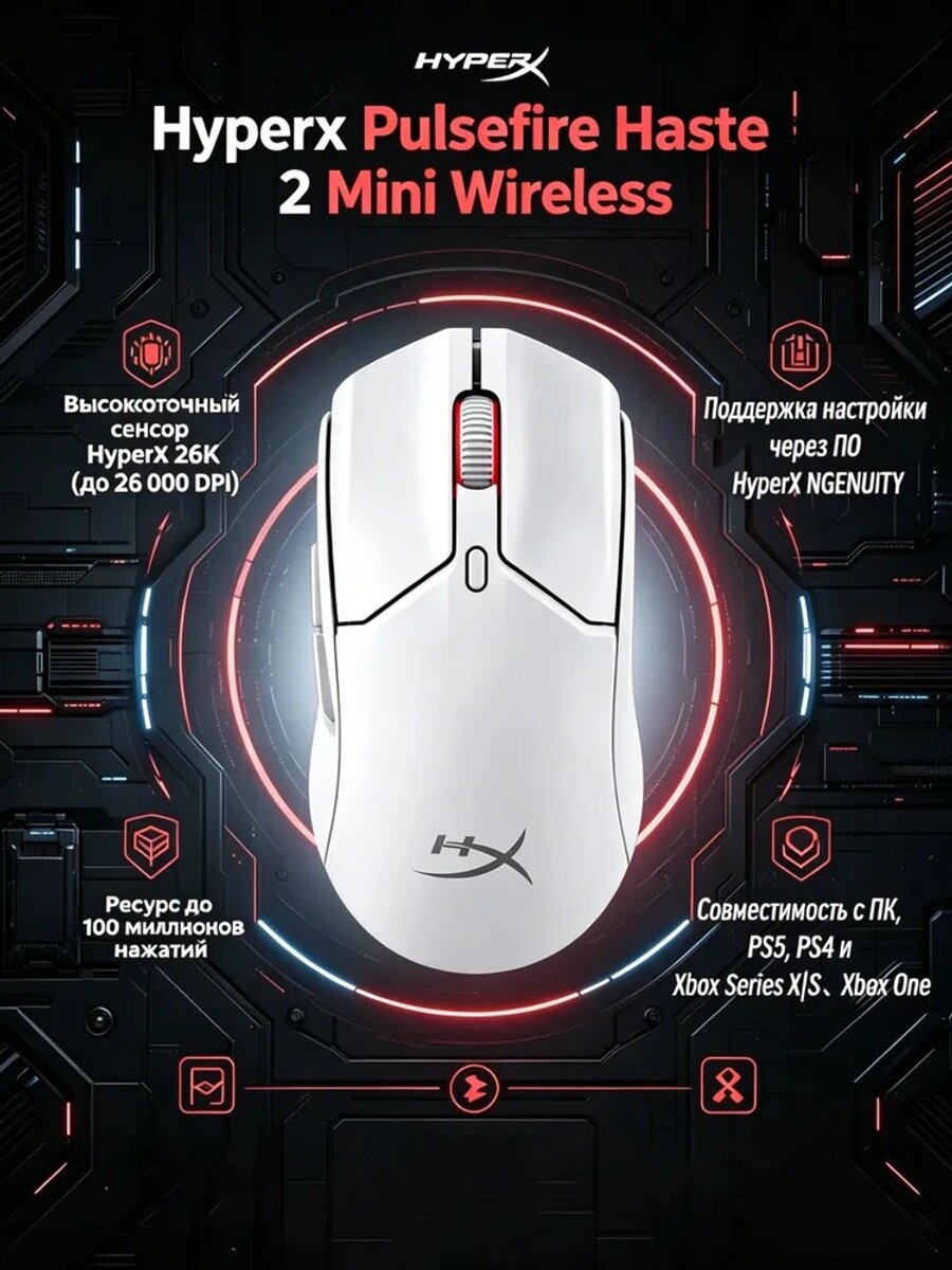 HyperX Игровая мышь беспроводная Pulsefire Haste 2 Mini Wireless, белый