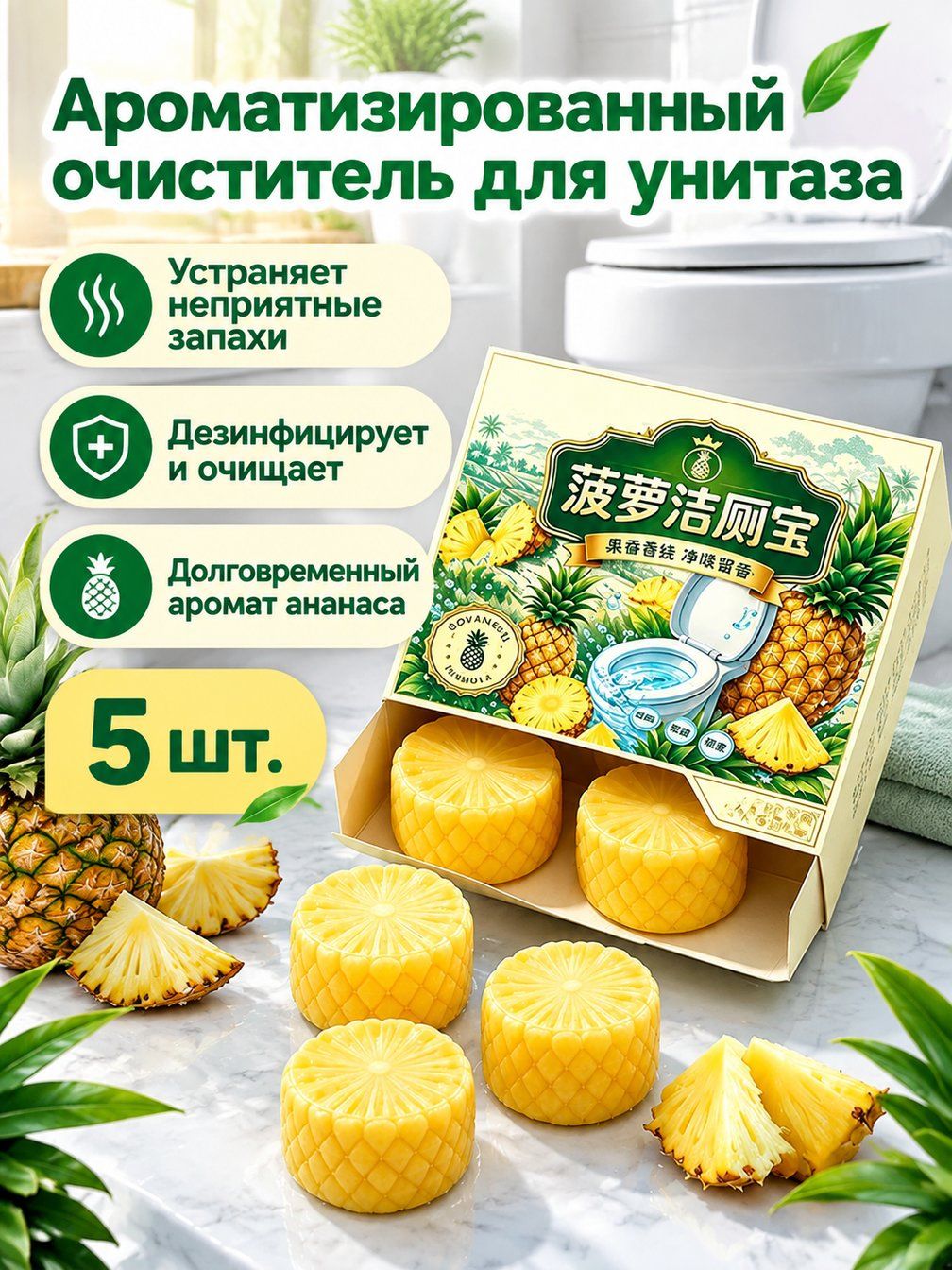 Очиститель для унитаза с ароматом ананаса, 5 шт: блоки для бачка, дезодорация, антибактериальный эффект и стойкий аромат