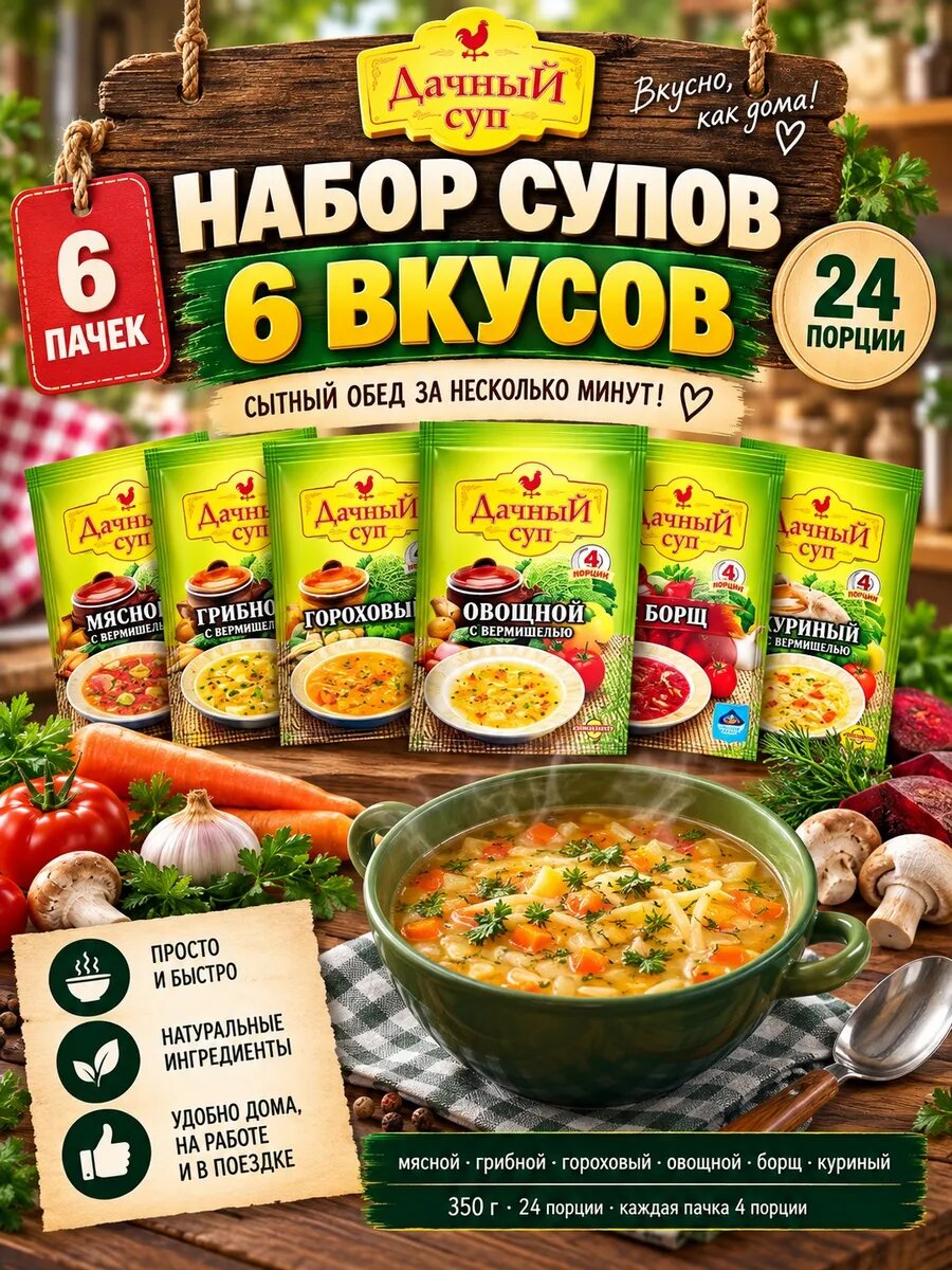 Набор супов 6 вкусов 350г мясной грибной гороховый овощной б