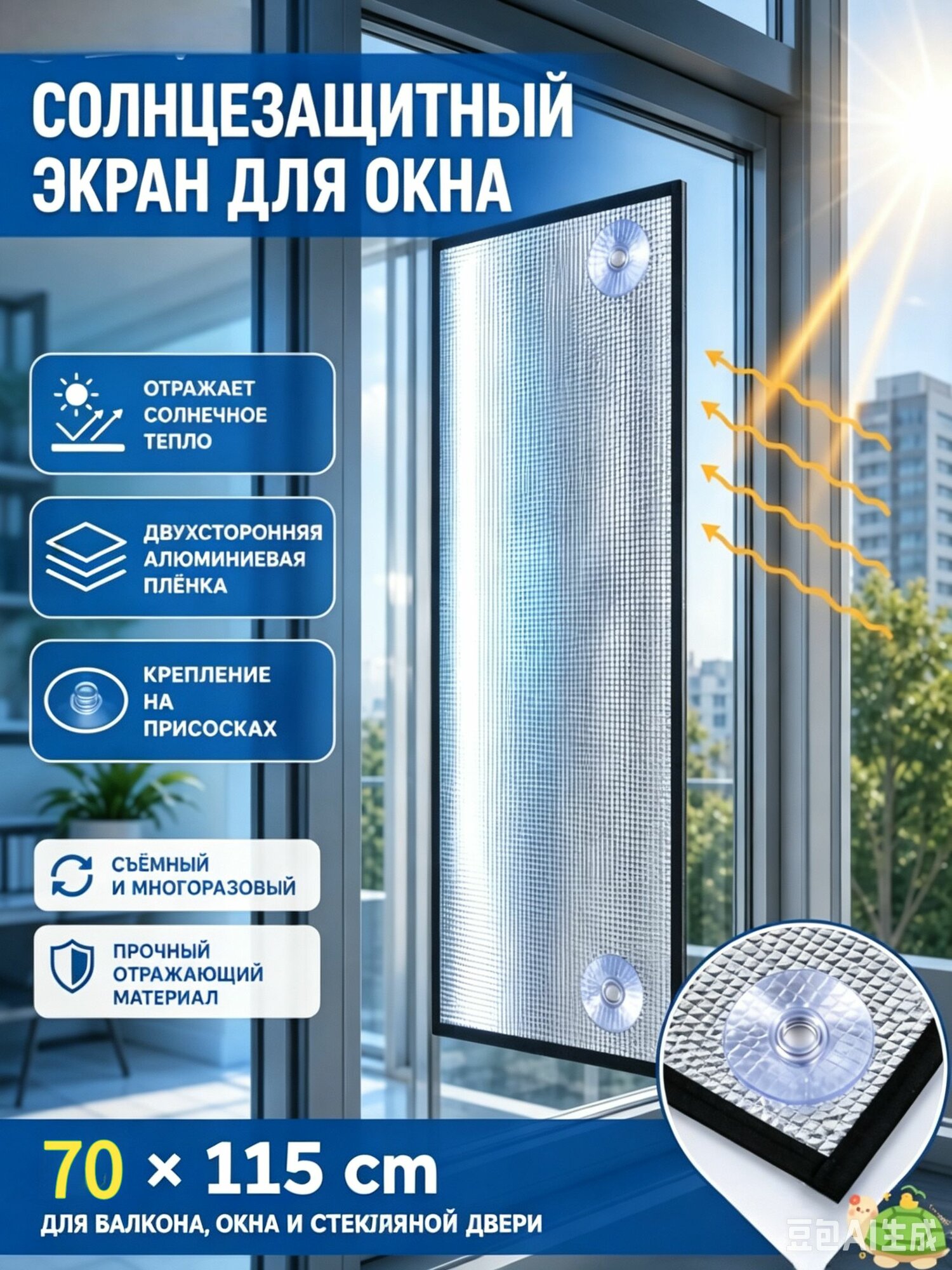 Солнцезащитный экран на окно на присосках, алюминиевый, теплоизоляция, съемный