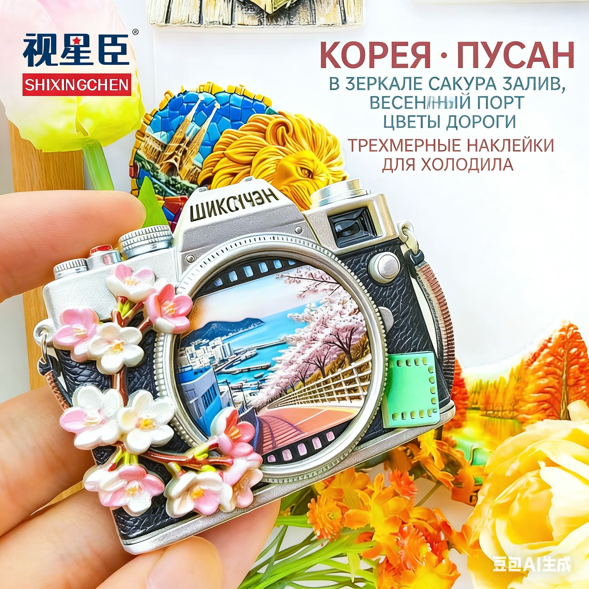 Объемный магнит на холодильник Пусан Корея, ретро-камера с цветущей сакуровой, сувенир из путешествия и подарок