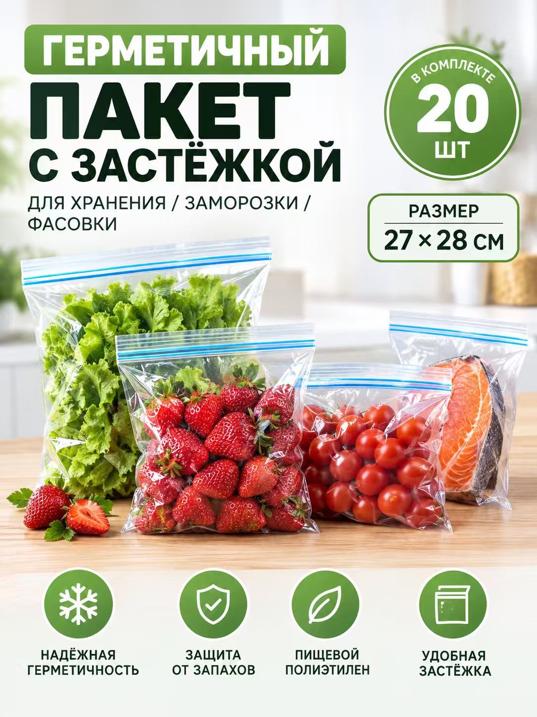 Пакеты для заморозки 27*28 см, 20 шт, Артикул: 5237329140, Размер мешочка: L