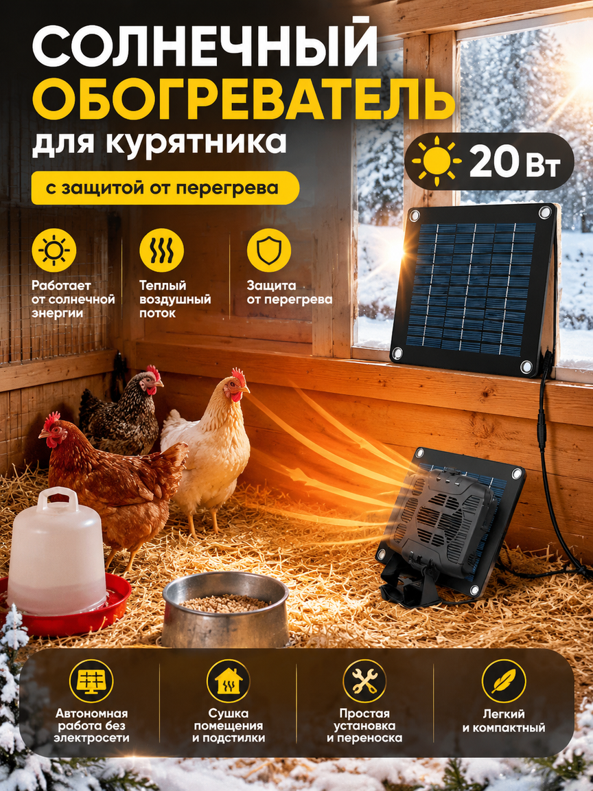 Обогреватель для курятника на солнечной панели 20 Вт с теплым воздухом и защитой от перегрева