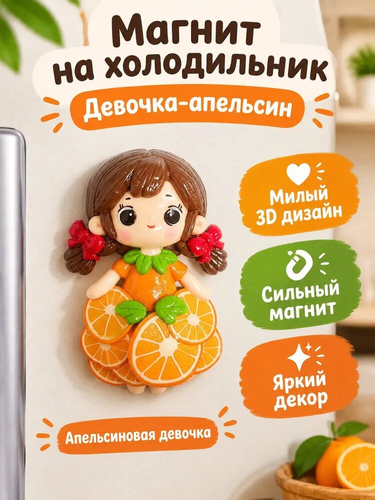 Магнит на холодильник с фруктовой принцессой: апельсиновая девочка, 3D-дизайн из смолы, яркий декор для кухни