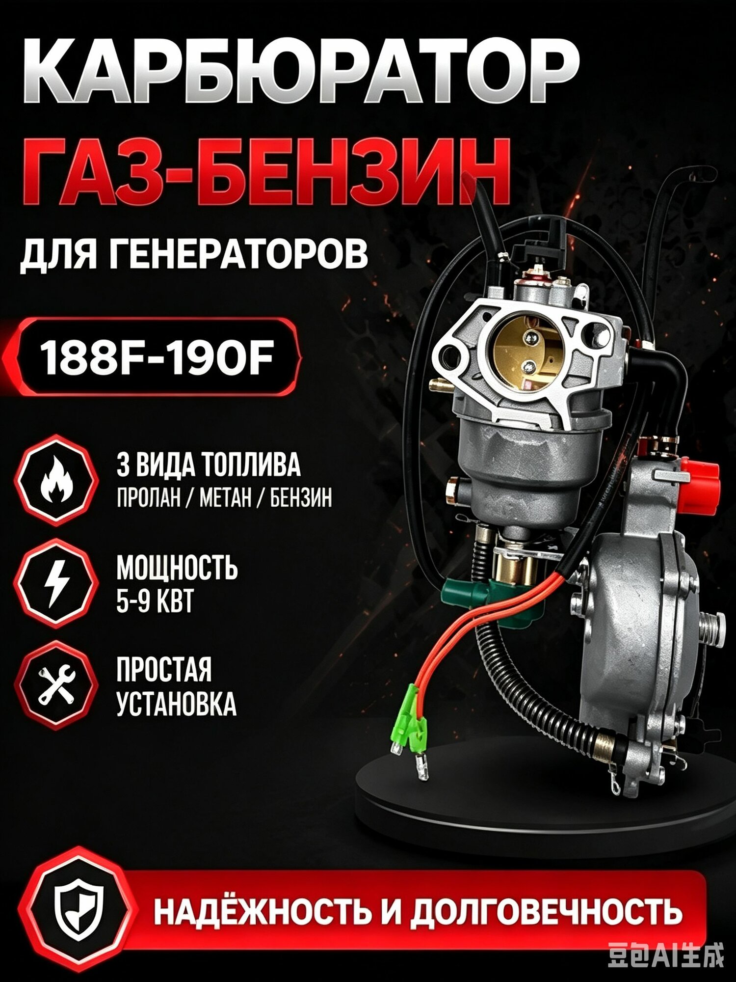 Карбюратор газ + бензин для бензогенераторов, мотопомп и мотоблоков с двигателями 182F - 188F - 190F - 192F (5 - 10 кВт)