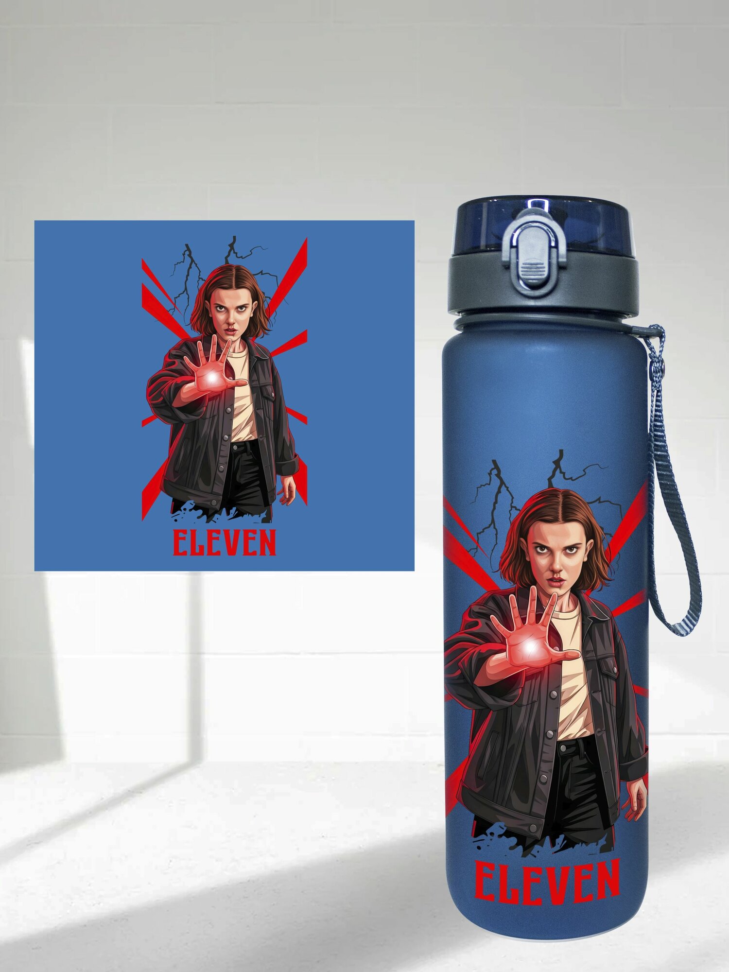 Бутылка для воды Джейн Хоппер / Одиннадцать Очень Странные Дела (Stranger Things), 1000 мл, спортивная, синяя